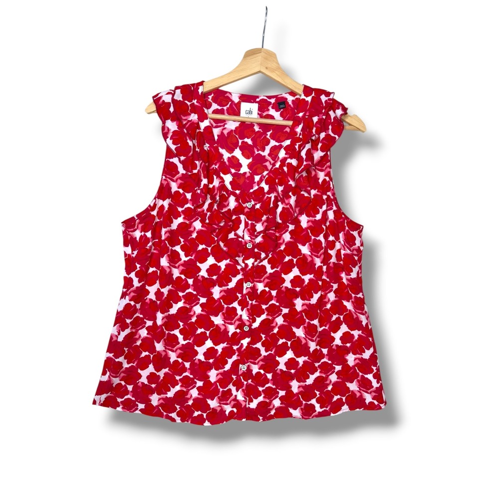 Cabi Womens L Red Floral Rosy Top Ruffle V-Neck Sleeveless Button Down Rose 4350